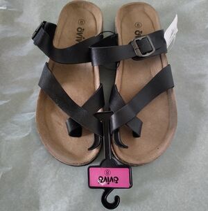 NWT Aviva Black Toe Loop Adjustable Buckle Cork Footbed Sandals Size 8